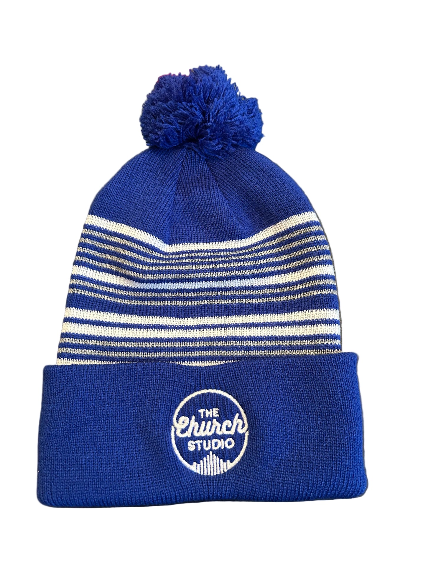 Blue Striped Embroidered Beanie