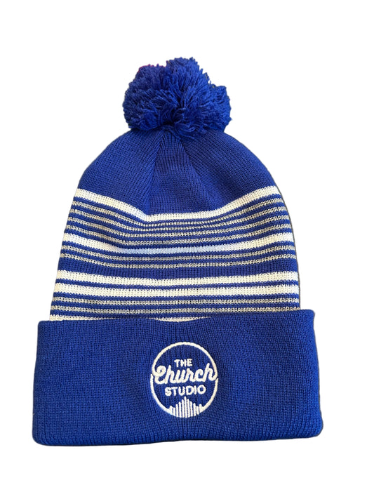 Blue Striped Embroidered Beanie