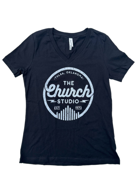 Classic Logo Black Womens V-Neck Tee